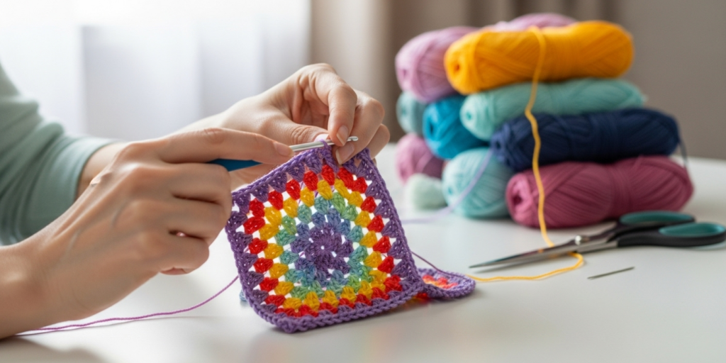 Granny Square (Introduction to Working in the Round & Color Changes)